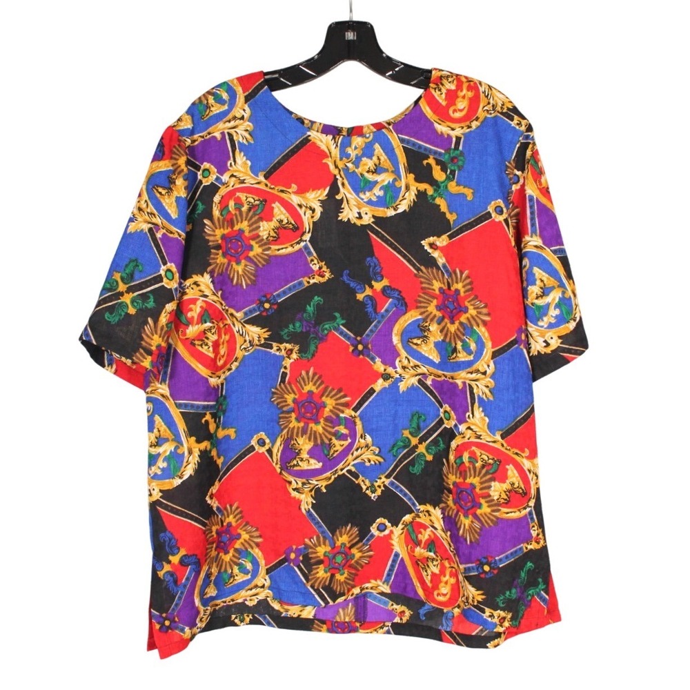 VTG LILLI ANN Multicolor BAROQUE PRINT Crepe BUTTON-BACK Blouse/Top Sz XL